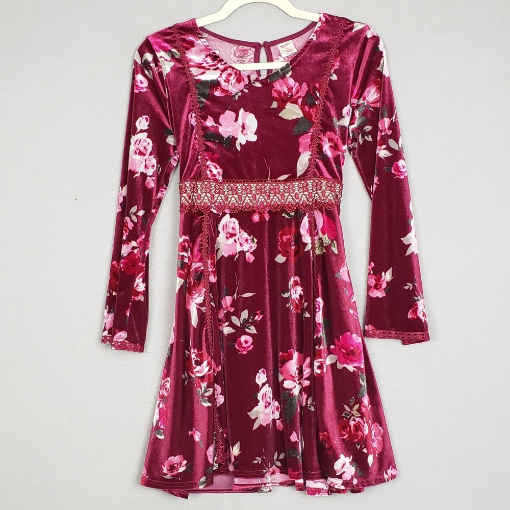 Arizona Jean Company Girls 16 Long Sleeve Velvet Dress Burgundy Floral Witchy
